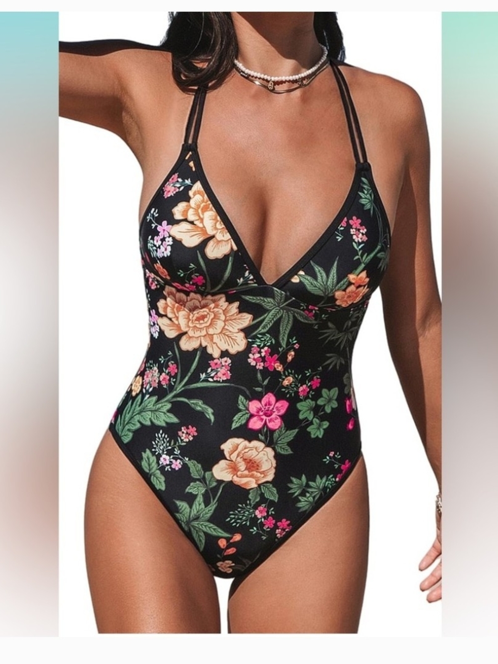 Cupshe Floral Black One-Piece Swimsuit SZ M NWTs